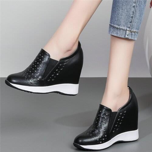 Summer Fashion Sneakers Women Hollow Genuine Leather Wedges High Heel Ankle Boots Female Round Toe Platform Pumps Casual Shoes