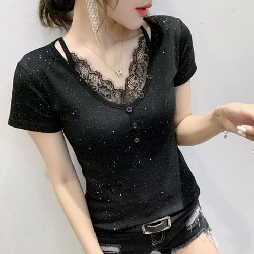 Summer Casual T-shirt Lace stitching hollow Short sleeve V-neck Top Women T Shirt Plus Size