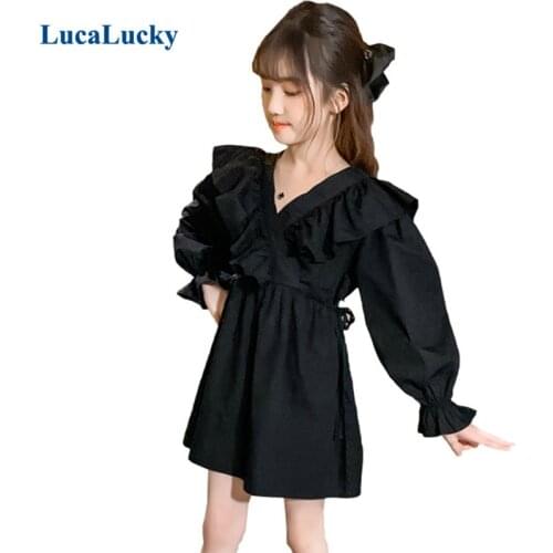 LucaLucky Children Black Ruffles Petal Sleeve Dresses For Kids Clothes Baby Big Girls V-neck Knee Length Spring Dress Clothing