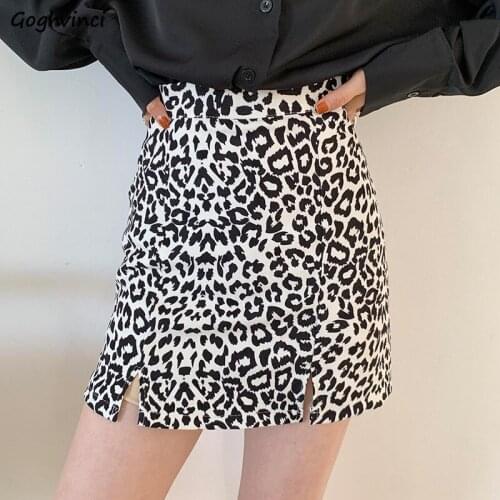 Leopard Mini Skirts Women Empire Slim Vintage Side-split Harajuku A-line Skinny High Street OL Korean Style Zip Up Faldas Cozy