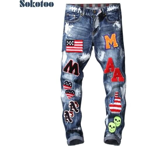 Sokotoo Mens American flag badge patches blue denim jeans Slim fit straight letters painted long pants Trousers