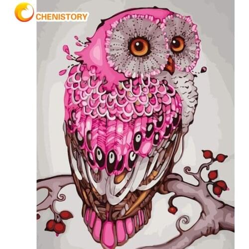 CHENISTORY Pink Owl Oil Paintings By Number Animal Drawing Adult Kit On Canvas With Frame Acrylic HandPainted Paint Home Decor