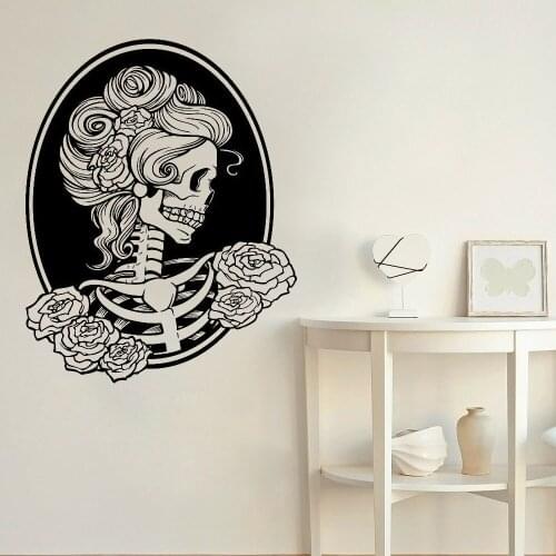 Skull Bone Wall Decal Day Of The Dead Rose Girl Door Window Vinyl Sticker Art Bedroom Bar Man Cave Home Design Decor Mural Q763