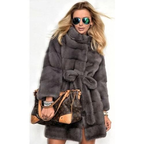 New wool artificial fur leather jacket coat warm imitation rabbit hair medium long winter womens coat elegant street coat gray
