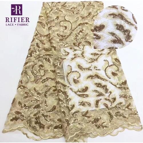 Latest African Laces 2019 Gold Sequins French Fabrics Sequined Embroidered Elegant Women Wedding Dress Mesh Tulle Lace Sewing