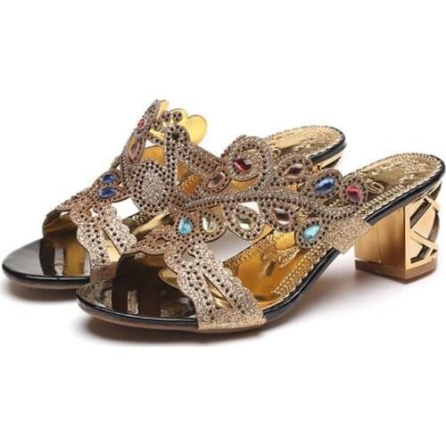 2021Summer New Rhinestone Fish Mouth Sandals And Slippers Womens Korean Fashion Thick Heel All-match Shoes for Women