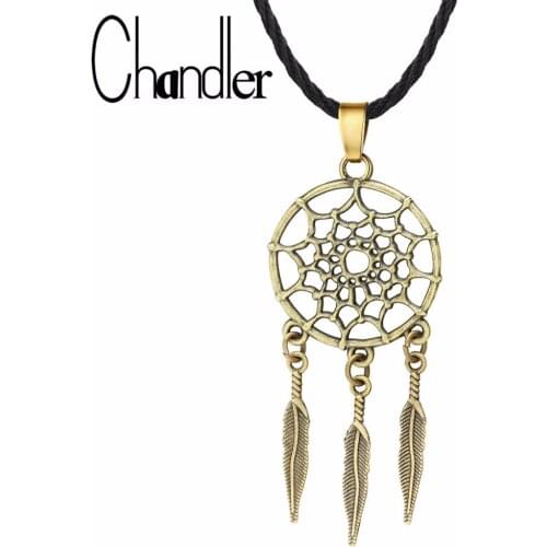 Chandler Retro Dreamcatcher Feather Necklace For Women Web Dream Catcher Charm Classic Antique Gold Jewelry