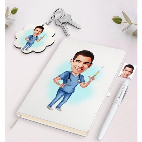 Personalized Men 'S Doctor Caricature Of White Notebook pen And Keychain Gift Seti-3 Reliable Quality Gift Casual design