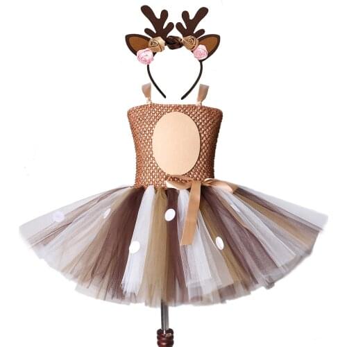 Deer Tutu Dress Girl Christmas Dresses with Headband Kids Halloween Costume Baby Girl Princess Elk Reindeer Outfit for New Year
