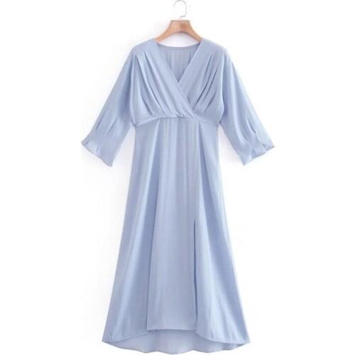 Merodi 2021 Za Womens Casual Pleated V-Neck Long Sleeve Blue Long Dresses Summer Girls Fashion Side Zipper Slit Chic Dress