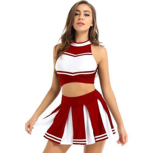 Sexy Schoolgirl Cheerleader Cosplay Costumes Womens Students Uniform Role Play Erotic Sleeveless Crop Tops Mini Pleated Skirts