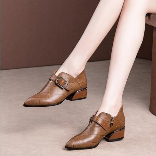 Spring Shoe Woman Mid Heels Women Pumps 2020 Pointed Toe Thick Heel Female Single Shoes Buckle Soft Pu Leather Black Brown
