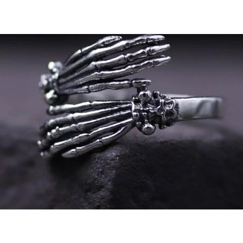 Antique 925 Sterling Silver Gothic Skull Skeleton Hand VINTAGE ring rings A2418