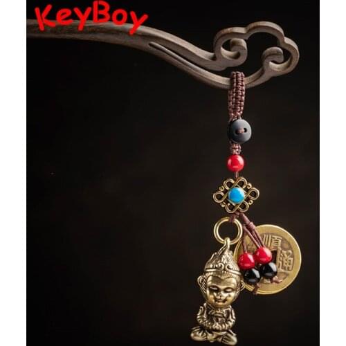 Vintage Brass Monkey King Key Chains Lanyard Pendants Handmade Woven Rope Chinese Five Emperors Coins Lucky Feng Shui Hangings