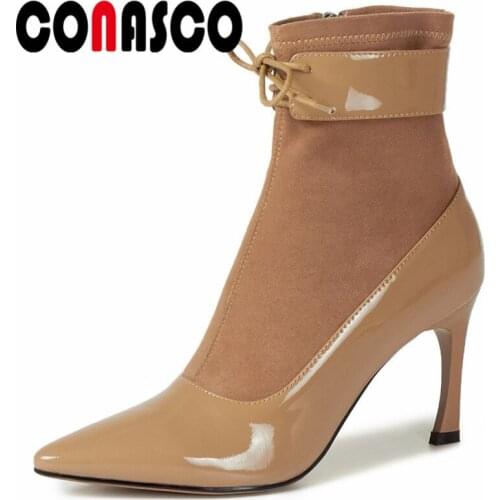 CONASCO Sexy Punk Women Ankle Boots Autumn Winter Warm Cow Leather Party Basic Prom Office Boots High Heels Elegant Shoes Woman