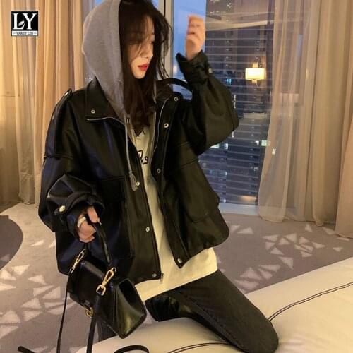 LY VAREY LIN Hooded Leather Jackets 2020 New Autumn Women Epaulet Pockets Button Zipper Hoodies PU Leather Moto Biker Streetwear
