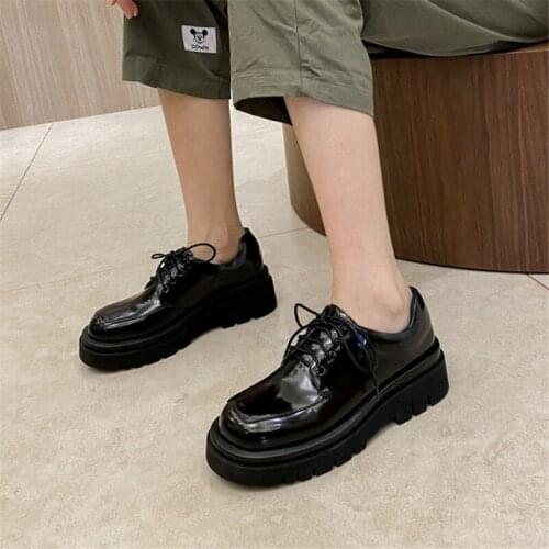 PXELENA British Chunky Platform Creepers Women 2021 Spring New Split Leather Lace Up Derby Shoes Black White Daily Office Oxford