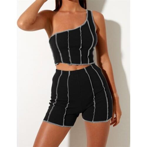 Hirigin Ribbed Cropped Tube Tops Biker Shorts Set One Shoulder Patchwork Women Bodycon 2 Piece Outfits Summer Sportswear 2021