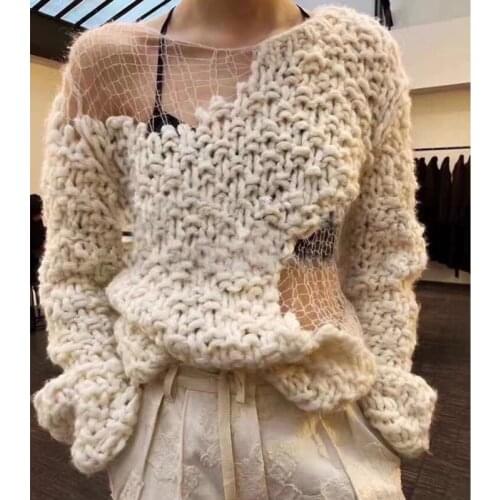 Spring New Hollow Out Mesh Stitching Thick Knitted Sweater Long Sleeve Personality Women Solid Color Pullover Tops Cc20