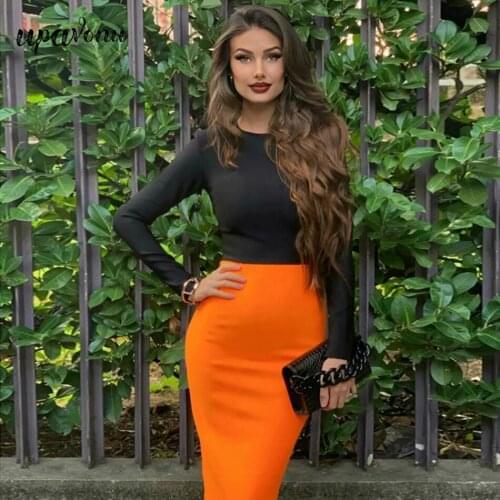 Free Shipping 2021 Spring Contrast Bandage Dress Sexy O-Neck Long Sleeve Bodycon Midi Dresses Celebrity Christmas Party Vestidos