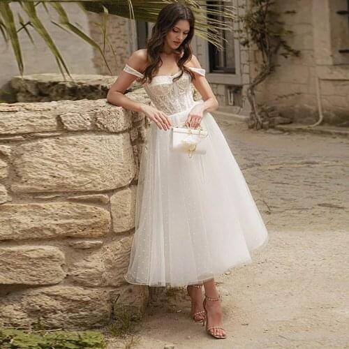 Elegant Beach Off The Shoulder Short Wedding Dresses Polka Dots Tulle Lace Appliques Illusion Bridal Gowns Vestido De Novia