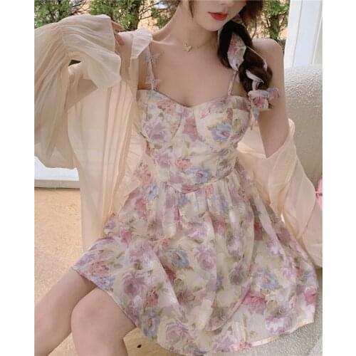 Sweet mori girl floral sling dress female summer 2021 new short slim waist flower print spaghetti dresses female