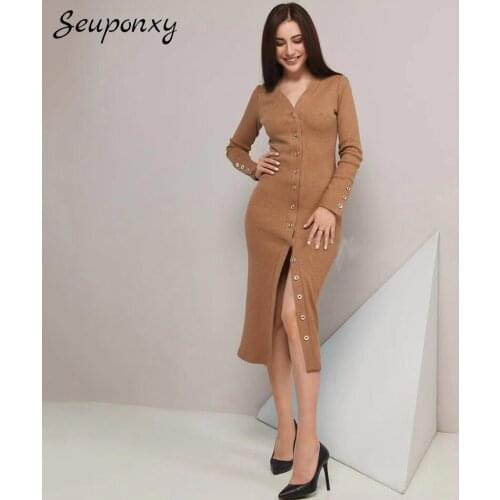 High quality Autumn 2021 Womens Bodycon Elegant Knit Dress Single-breasted Sexy V-neck Long Sleeve Fashion Casual Dress Vestido