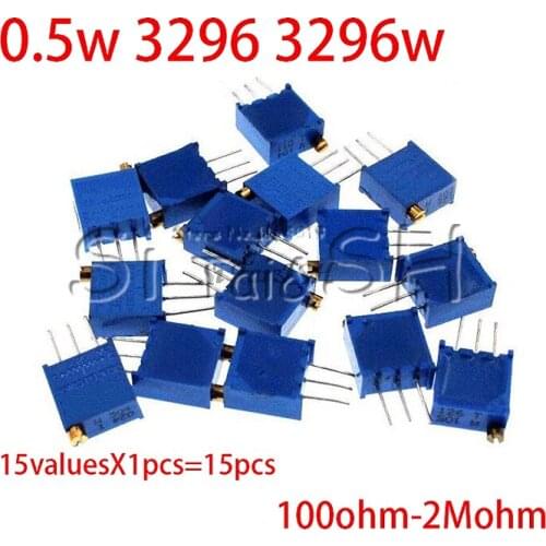 15valuesX1pcs=15pcs 100ohm-2Mohm 0.5W 3296 3296W Variable Resistors MultiTurn Trimmer Adjustable Precision Potentiometer Kit