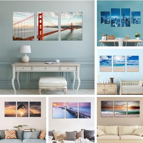 3D Seaview Dolphin Bridge Blue Sky Baiyun City Night Scene Wall Modern Minimalist Home Decor Triptych Painting 30x40cmx3pcs