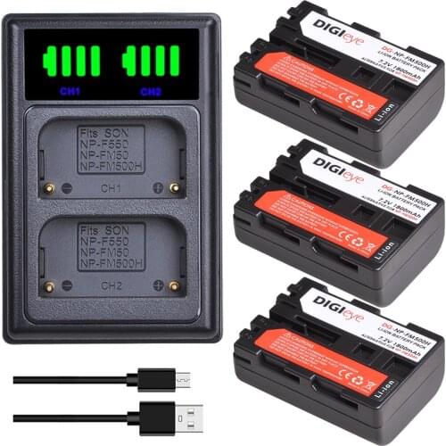 3Pcs 1800mAh NP-FM500H NP FM500H Battery + LED Dual Charger for Sony Alpha a68,a77II,SLT-A57,A58,A65,A100,A350,A450,A550,A580