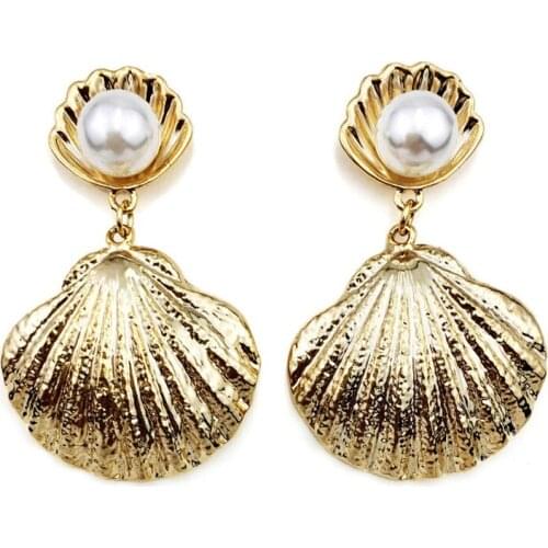 Simulated Pearl Big Metal Shell Drop Earrings Women Fashion Jewelry Gold Silver Color Beach Statement Boho Earrings New Popu