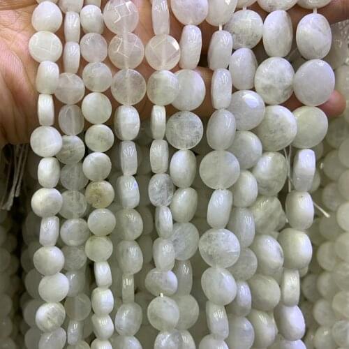 8-14mm Natural White Moonstone Beads 15'' Coin Faceted DIY Stone Loose Beads For Jewelry Making Beads Women Bracelet Necklace
