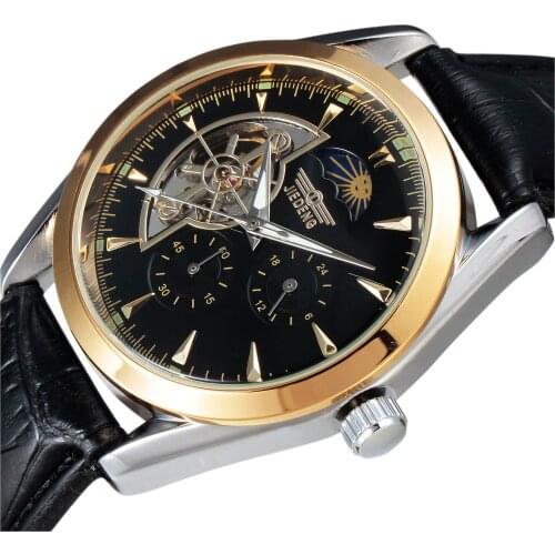 New Top Brand Mens Fashion Tourbillon Moon Phase 24 Hour/60 Min Sub-Dial Leather Strap Automatic Mechanical Men Wrist Watch