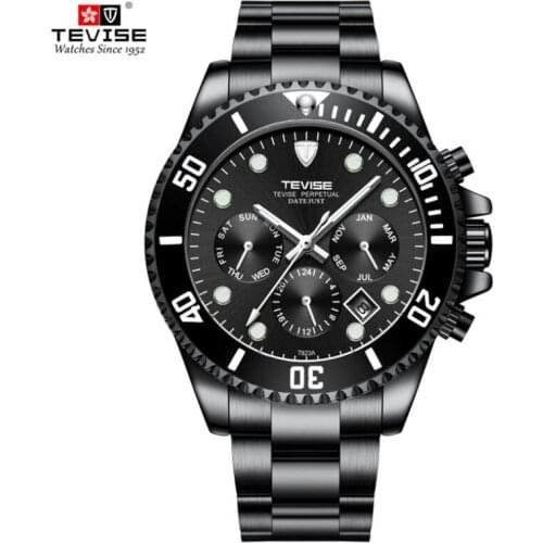 TEVISE Men Watches Top Luxury Brand Full Black Steel Waterproof Sport Automatic Mechanical Watch Men Fashion Date Clock Relogio