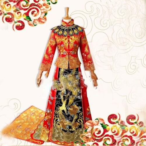 Long Tailed Phoenix Embroidery XiuHeFu Chinese Traditional Wedding Hanfu Bride Dress Republican Period Wedding Hanfu Costume