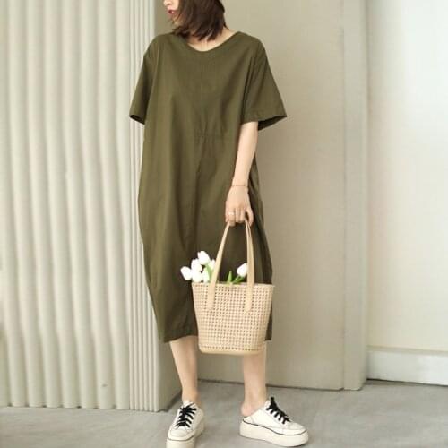 Johnature Women Cotton Dresses V-Neck Short Sleeve Solid Color Loose Casual Clothing 2021 Summer New Korean Style Simple Dress