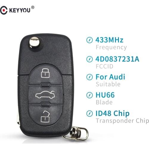 KEYYOU 433Mhz 3 Button Car Remote Key For AUDI 4D0837231A 4D0 837 231 A Flip Fold ID48 Chip For A3 A4 A6 A8 Old Models 1999-2002