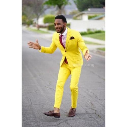 Notch Lapel Men Suits for Wedding Tuxedos 2020 Yellow Groom Best Man Blazer jacket 2 Pieces Smart Casual Business Tuxedos