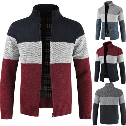 Mens fall winter zipper fleece wool sweater cardigan with thick standing collar mens loose casual thermal knitwear jacket