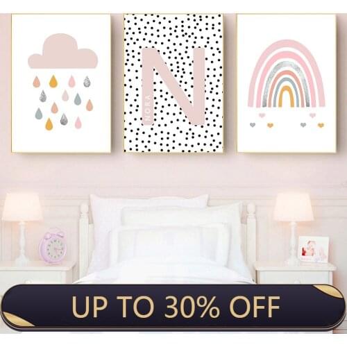 Girls Wall Art Poster Pink Cloud Rainbow Print Nursery Canvas Painting Nordic Poster Wall Pictures Baby Room Decor