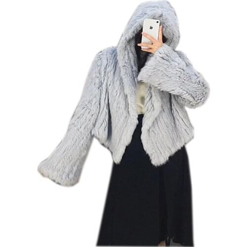 Real Knitted rabbit fur coat Street Coat hot sell fashion Large hooded winter coat female Internet Celebrity coat
