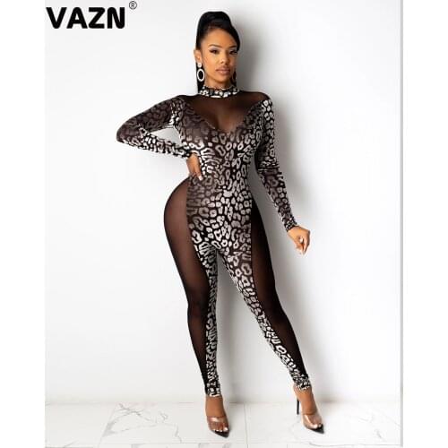 VAZN 2020 New Arrival Retro Patchwork Sexy Club Soft Elastic Turtleneck Full Sleeve Women High Waist Long Skinny Jumpsuits