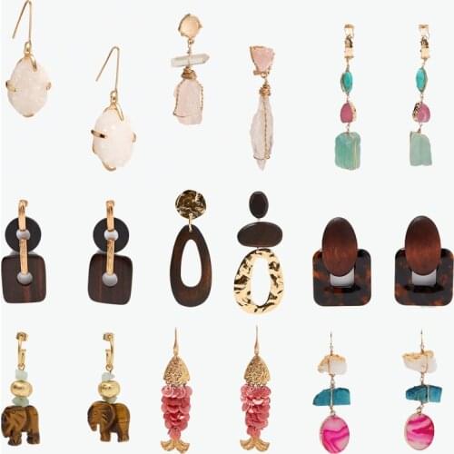 JUJIA za New Fashion Acrylic Long Pendant Wooden Earrings Women Resin Natural Stone Drop Earrings Summer Jewelry Accessories