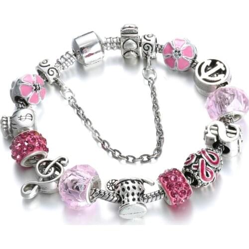 Pandora-style New style pink flower crystal alloy large hole bead glass bead bracelet
