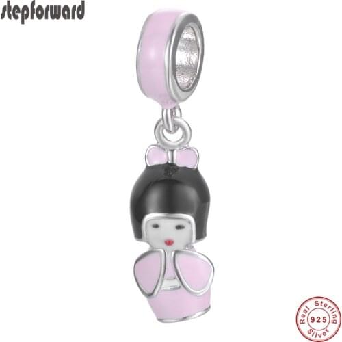 Popular High Quality Pink Enamel 925 Sterling Silver Japanese Girl Doll Hanging Charm For Bracelets Bangle Necklace Jewelry Gift
