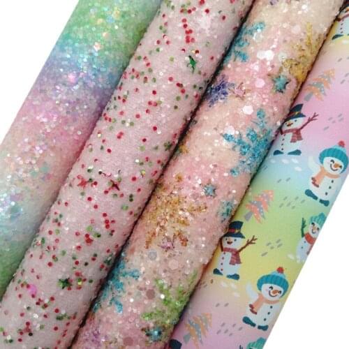 Rainbow Snowflakes Glitter leather, Snowman Printed Synthetic Vinyl Fabric Faux Leather Sheets For Bows DIY 21x29CM KM778