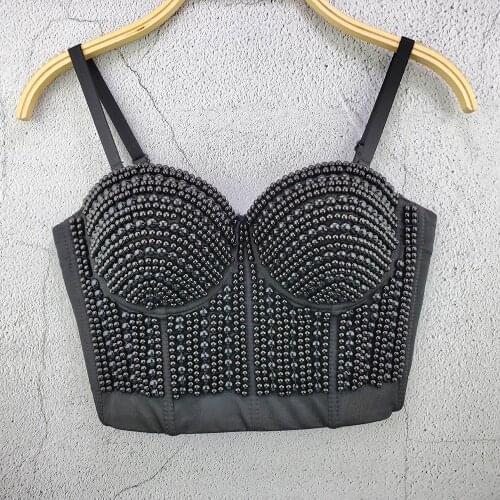 AtoShare Women Sexy Black Rhinestone Push Up Bustier Crop Top for Rave Festival Night Club Ballroom Stage Corset Tank Vest