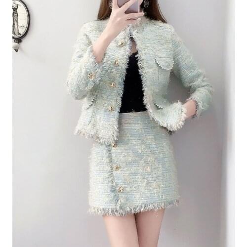 Womens 2021 New Small Fragrance Tweed Blazer Woolen Bag Hip Skirt Autumn And Winter Womens Fashion Slim Two-piece Suit