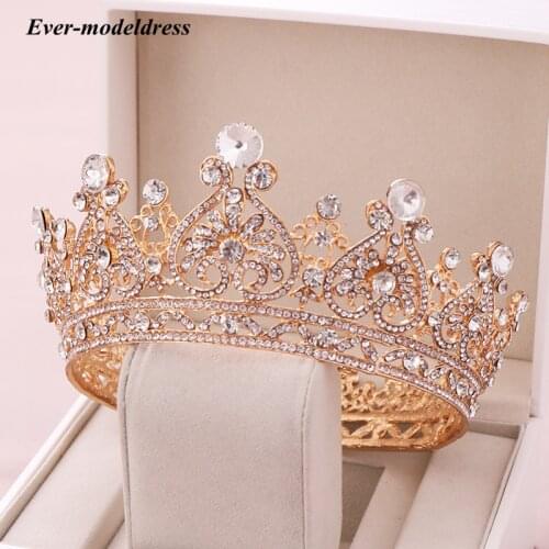 Gold/Silver Color Big Round Crowns Baroque Tiaras Crown Crystal Heart Bridal Wedding Hair Accessories Queen Princess Diadem