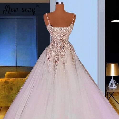 2021 Sparkly Beading Spaghetti Straps Evening Dress Long 2021 Appliqued A line Bridal Dress Islamic Turkish Pageant Dress